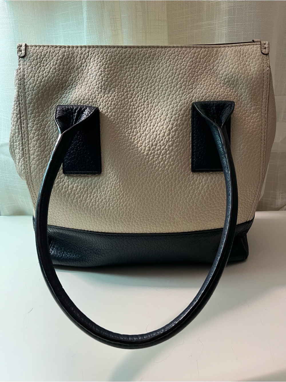 Kate Spade Classic Two-Tone Leather Tote Handbag in Cream and Navy